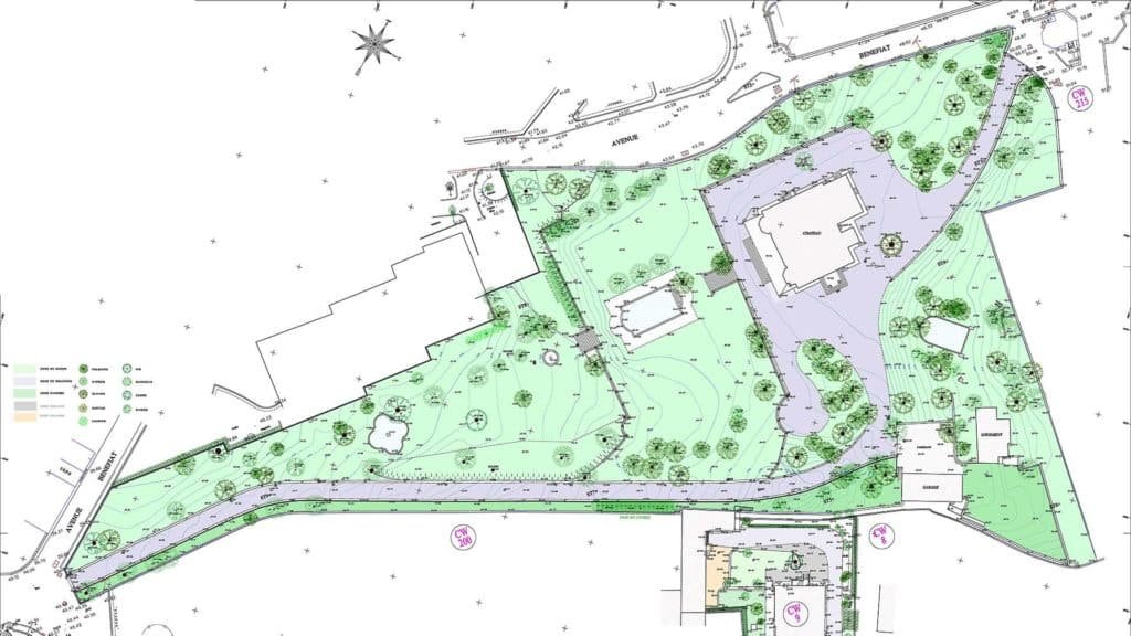 Plan topographique d'un terrain avec végétation, voirie, bâti et points cotés