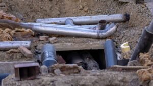 Canalisations et cables enterres mis a nu dans une tranchee de chantier