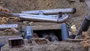 Canalisations et cables enterres mis a nu dans une tranchee de chantier