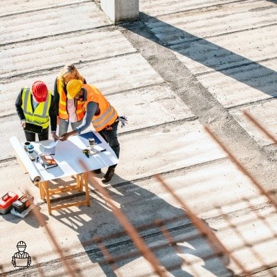 Conducteurs de travaux consultant un plan de réseaux géoréférencé en Lambert 93 sur un chantier